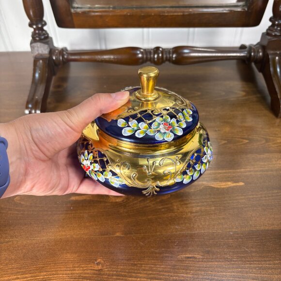 Vintage Cobalt Blue Glass Vanity Jar with Lid Gold Enamel Floral Bohemian Jar - Picture 7 of 14
